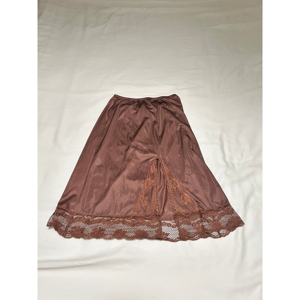 Vintage Brown Lace Trim Half Slip Skirt Side Slit Lingerie Chocolate 24 Inch